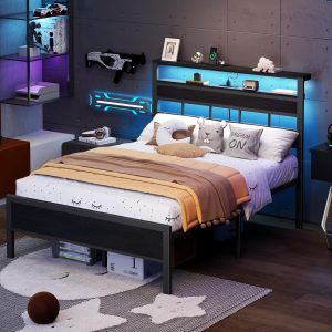 Furnulem Base de cama de tamaño matrimonial con luz LED y estación de carga, cabecera de almacenamiento de madera con estantes de 2 niveles, cama de plataforma de metal con soporte de listones resistentes, no necesita somier, roble negro