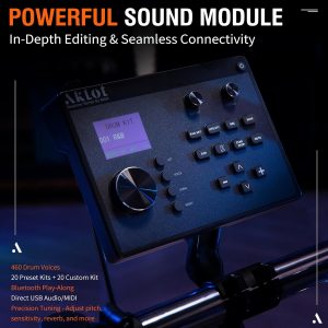 AKLOT Juego de batería eléctrica de estilo acústico: bombo de madera independiente de 16 pulgadas y caja de 12 pulgadas, platillo de paseo de triple zona, Hi-Hat independiente, almohadillas de malla completa, 460 sonidos, USB MIDI, trono, palos (B-CORE543)
