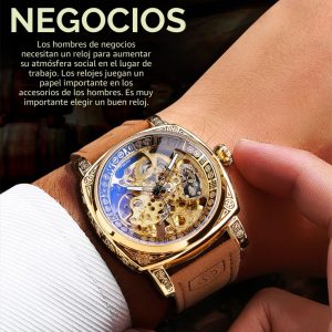 FORSINING Relojes para Hombre, Reloj Mecánico Retro Cuadrado Automático Tallado, Reloj de Pulsera Esqueleto de Cuero Vintage con Correa de Cuero