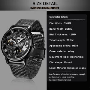 Reloj Mecánico de Esqueleto con Números Romanos y Correa de Malla para Hombre, Reloj Mecánico de Cuerda Manual con Malla Luminosa e Impermeable para Hombre