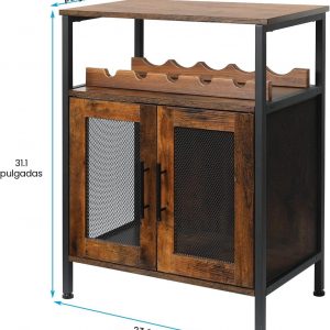 X-cosrack Armario para bar de vinos con estante desmontable para vinos, barra de café con soporte para vidrio, aparador pequeño y gabinete de buffet con puerta de malla, marrón rústico (patente