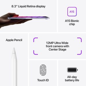 Apple iPad mini (6ª generación): A15 Bionic, pantalla Liquid Retina de 8.3 pulgadas, 64 GB, Wi-Fi 6 + 5G Cellular, cámara frontal de 12 MP/cámara trasera de 12 MP, Touch ID, duración de batería de