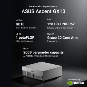 ASUS Ascent GX10 AI Supercomputer, DGX Spark, NVIDIA GB10 Superchip, 128GB LPDDR5x, 2TB PCIe Gen4 NVMe SSD, Wi-Fi 7 & BT5.4, Agentic AI Ready, Supports OpenClaw, NemoClaw, Stackable Chassis