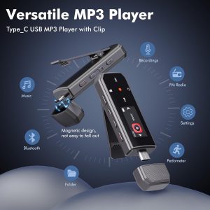 RUIZU Reproductor MP3 USB Tipo-C de 64 GB con Bluetooth 5.3, reproductor de música portátil con clip con radio FM, grabadora de voz, podómetro para deporte, audio digital aleatorio A-B repetición