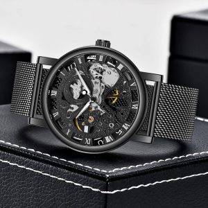 Reloj Mecánico de Esqueleto con Números Romanos y Correa de Malla para Hombre, Reloj Mecánico de Cuerda Manual con Malla Luminosa e Impermeable para Hombre