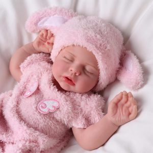 BABESIDE Lucy 16 Inch Silicone Baby Doll, Weight 4.9 Lb Reborn Baby Dolls Silicone Full Body, Realistic Sleeping Newborn Lifelike Baby Doll in Pink Bunny Outfit, Gift for Girls Ages 3+