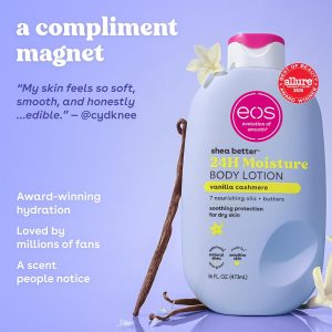 eos Shea Better Loción corporal Vanilla Cashmere, cuidado de la piel con humedad las 24 horas, ligera y no grasosa, karité natural, vegano, loción corporal de vainilla, 16 onzas líquidas