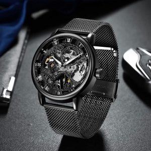 Reloj Mecánico de Esqueleto con Números Romanos y Correa de Malla para Hombre, Reloj Mecánico de Cuerda Manual con Malla Luminosa e Impermeable para Hombre