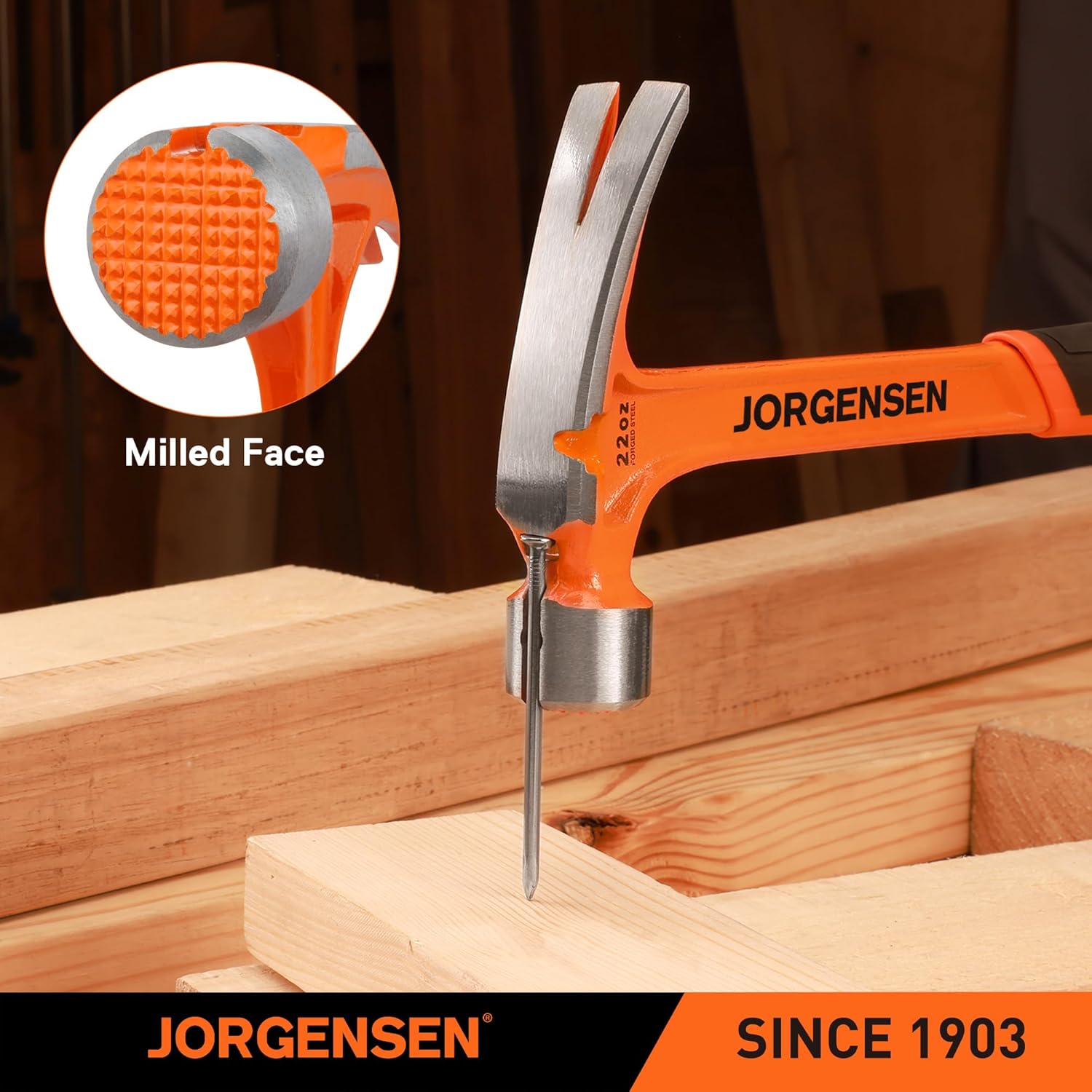 Jorgensen Martillo de 22 onzas, martillo de garra recta con soporte magnético para uñas, martillo de garra con cara fresada, extractor de uñas lateral, agarre absorbente de golpes, martillo forjado de una pieza resistente