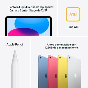 Apple iPad de 11 pulgadas: chip A16, modelo de 11 pulgadas, pantalla Liquid Retina, 128 GB, Wi-Fi 6 + celular 5G, cámara frontal de 12 MP/trasera de 12 MP, Touch ID, duración de la batería durante
