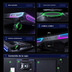 llano V10 Almohadilla de Refrigeración para Laptop de Juegos, Enfriador de Laptop RGB con Potente Ventilador Turbo Externo de 4.72 Pulgadas, Enfriamiento Rápido para Computadoras de 13-17.3 Pulgadas | Powerful 4.72 Inch Turbo Cooling Fan, Fast Cooling Computer 13-17.3in, Button Control, 3 Adjustable Stand, 4-Port USB C&A