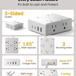 10Ft Extension Cord with Multiple Outlets, Flat Plug Surge Protector Power Strip 10 Ft Long Cord, 8 Outlets & 4 USB Ports (2 USB C), Desk Charging Station for Home Office, College Dorm Room Essentials