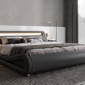 Allewie King Size LED Platform Bed Frame with Adjustable Headboard, Grey | Low Profile Sleigh Design, Upholstered Faux Leather, Strong Wood Slats Support, Modern, No Box Spring Needed, Easy Assembly