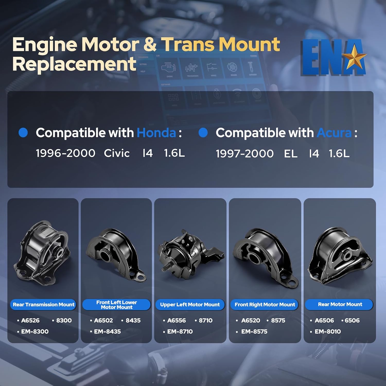 ENA Engine Motor Transmission Mount Set of 5 Compatible with Honda 1996 1997 1998 1999 2000 Civic 1.6L Front Rear Replacement for A6520 A6502 A6556 A6506 A6526