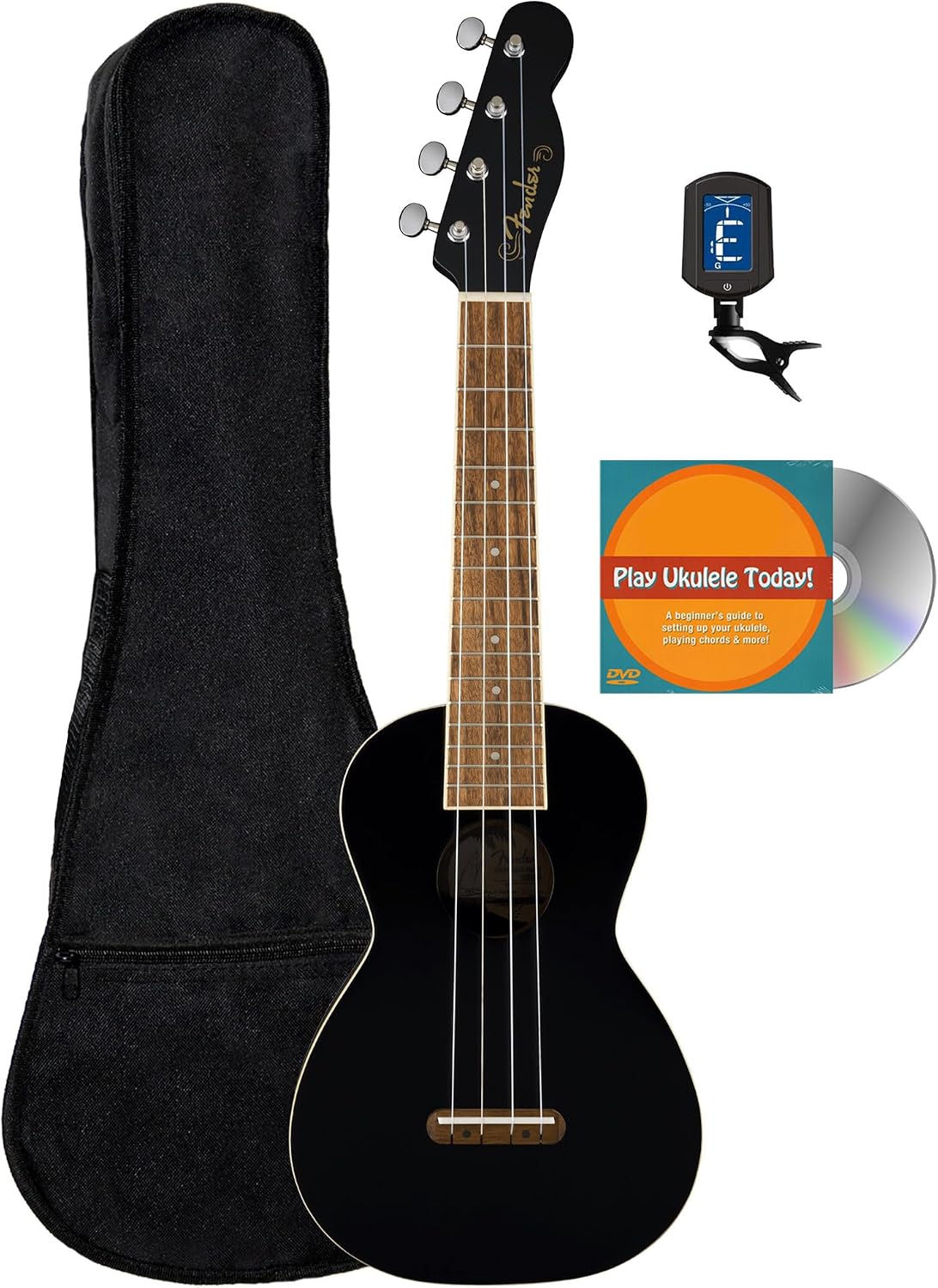 Fender Monterey Concert Ukulele - Black Bundle with Gig Bag, Tuner, and Austin Bazaar Instructional DVD