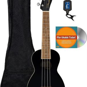 Fender Monterey Concert Ukulele - Black Bundle with Gig Bag, Tuner, and Austin Bazaar Instructional DVD
