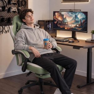 Dowinx Gaming Chair Breathable Fabric Game Chair with Gel Pad and Storage Bag, Comfortable Gamer Chair with Pocket Spring Cushion, Ergonomic Computer Chair with Footrest, Green