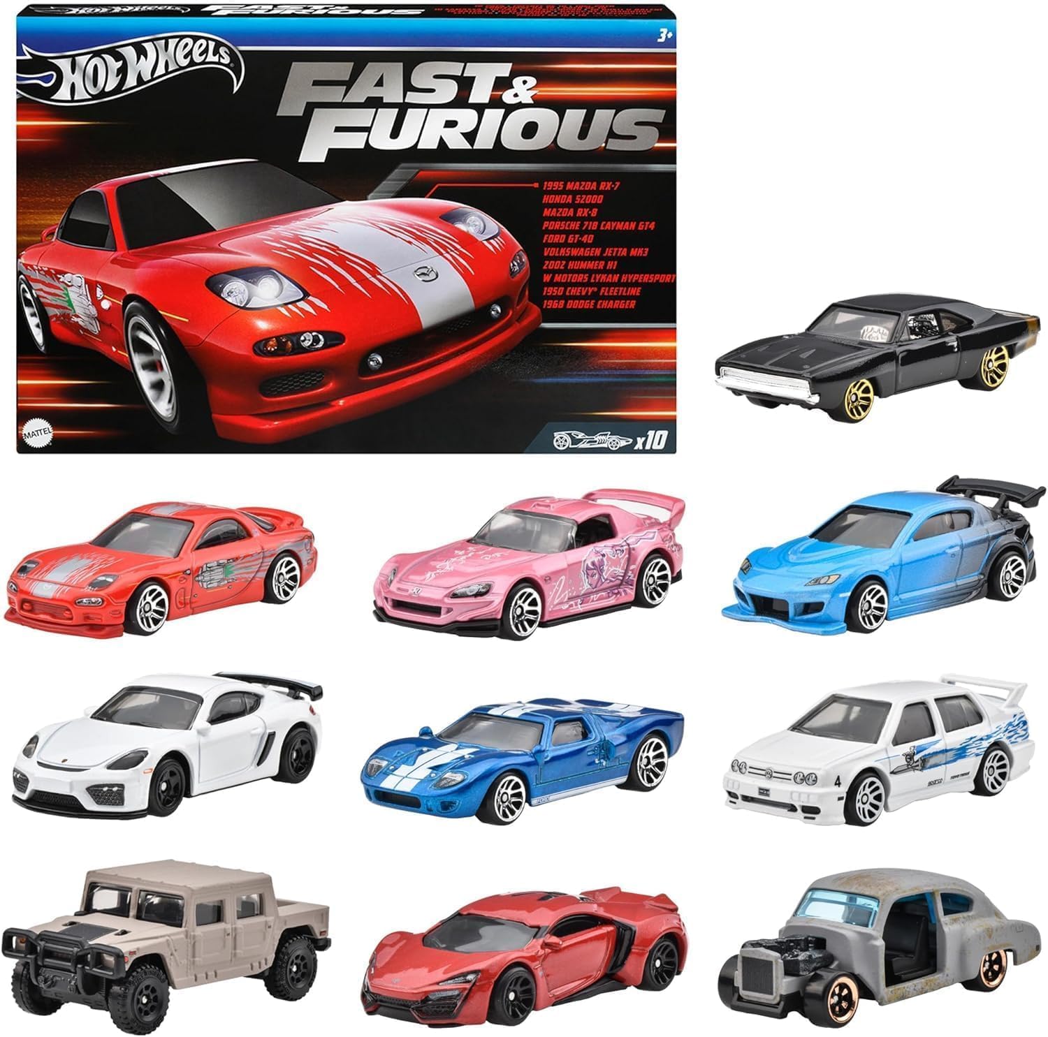 Hot Wheels HVX27 Fast and Furious 10 Pack de Vehículos de Juguete, Mini Coche para Niños de 3 Años y Más
