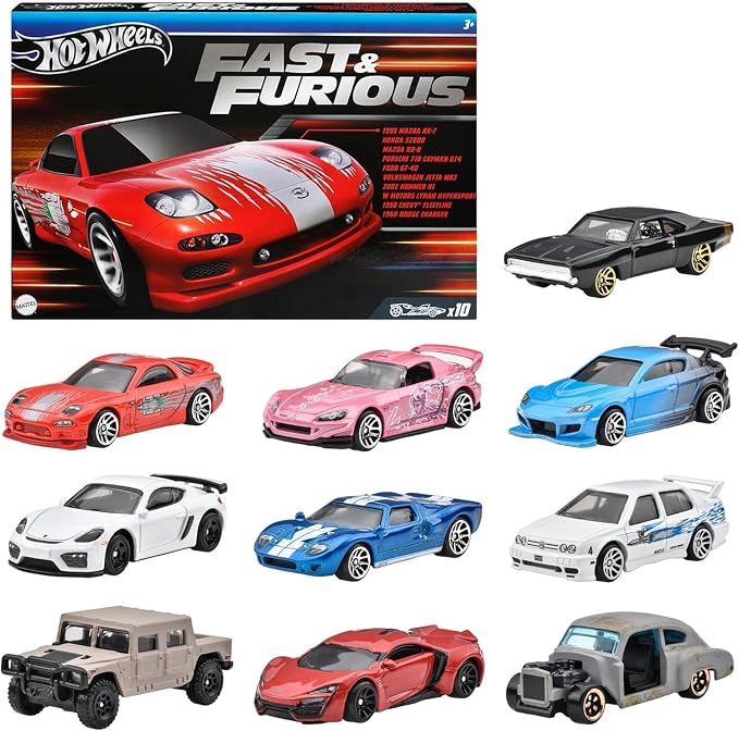 Hot Wheels HVX27 Fast and Furious 10 Pack de Vehículos de Juguete, Mini Coche para Niños de 3 Años y Más