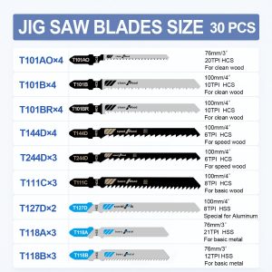 Juego de 30 hojas de sierra de calar, surtido de hojas de sierra de calar con vástago en T para cortar madera, metal y plástico (T101AO, T101B, T101BR, T118A, T118B, T144D, T244D, T111C