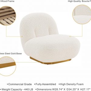 Manhattan Comfort Edina Modern Accent Chair in Luxurious Boucle Upholstery with High Density Foam Padding & Wood Frame with Gold Metal Base, Living Room Seating, White