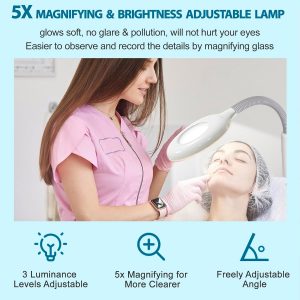 Vaporizador facial profesional 3 en 1 de limpieza profunda con ozono facial con luz de aumento 5X y ruedas giratorias, función de niebla caliente/fría para salón, spa, equipo de belleza para el hogar, color blanco