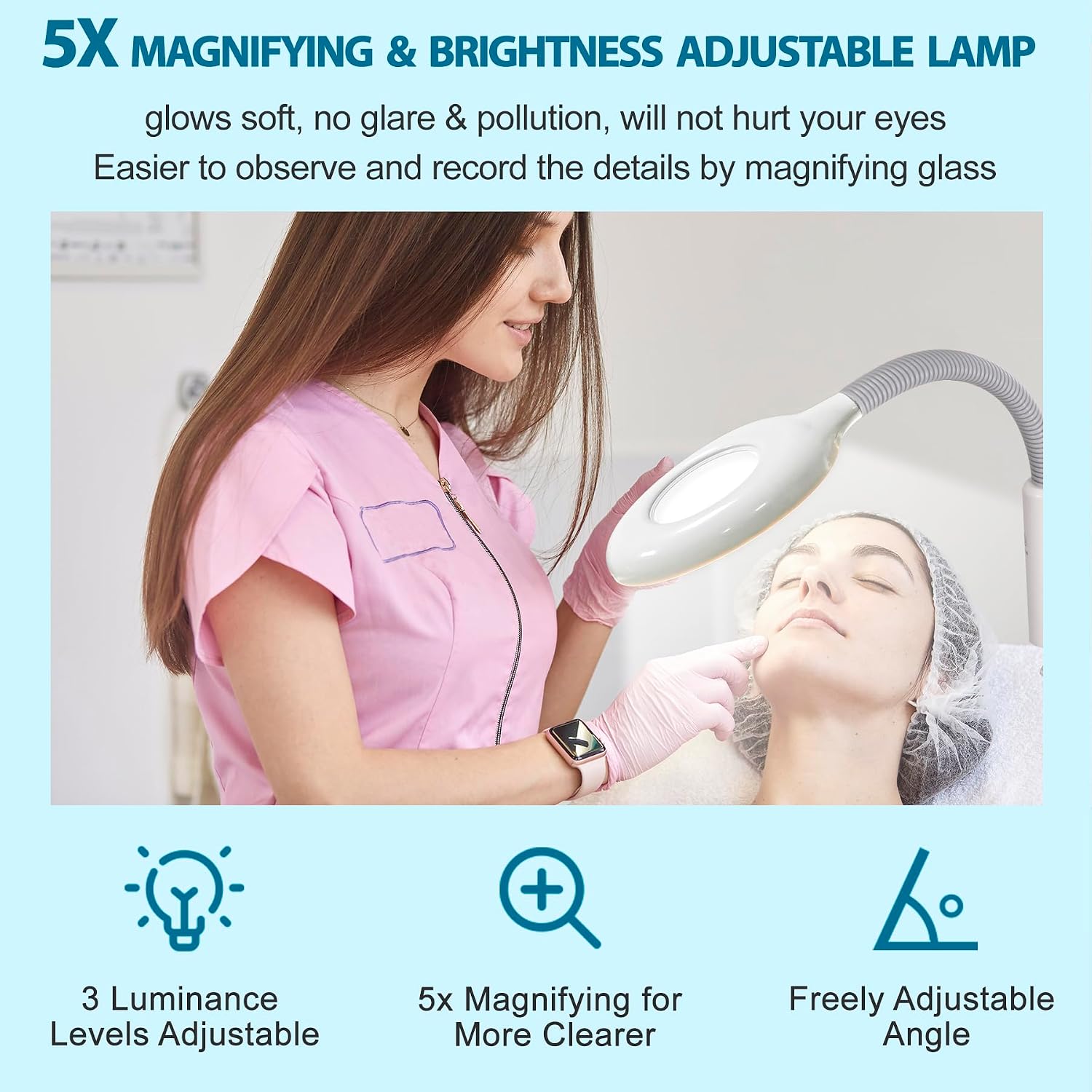 Vaporizador facial profesional 3 en 1 de limpieza profunda con ozono facial con luz de aumento 5X y ruedas giratorias, función de niebla caliente/fría para salón, spa, equipo de belleza para el hogar, color blanco