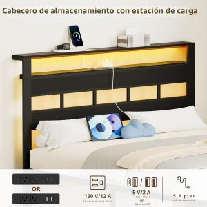 Furnulem Base de cama de tamaño matrimonial con luz LED y estación de carga, cabecera de almacenamiento de madera con estantes de 2 niveles, cama de plataforma de metal con soporte de listones resistentes, no necesita somier, roble negro