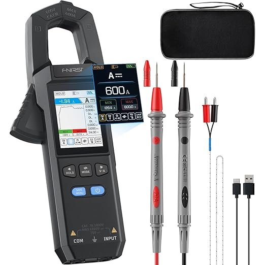 FNIRSI DMC-100 Multímetro de Pinza Digital de 9999 Contajes TRMS, Medidor de Amperaje Recargable con Registro de Curva de 600A, Mide NCV, Voltaje y Corriente AC/DC, Continuidad, Capacitancia, Diodo