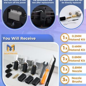 3Pack 0.2+0.4+0.6MM Ceramic Hotend for Elegoo Centauri Carbon, with 0.8MM Bimetallic Hardened Steel Nozzle Brush Silicone Socks and Kit Tools