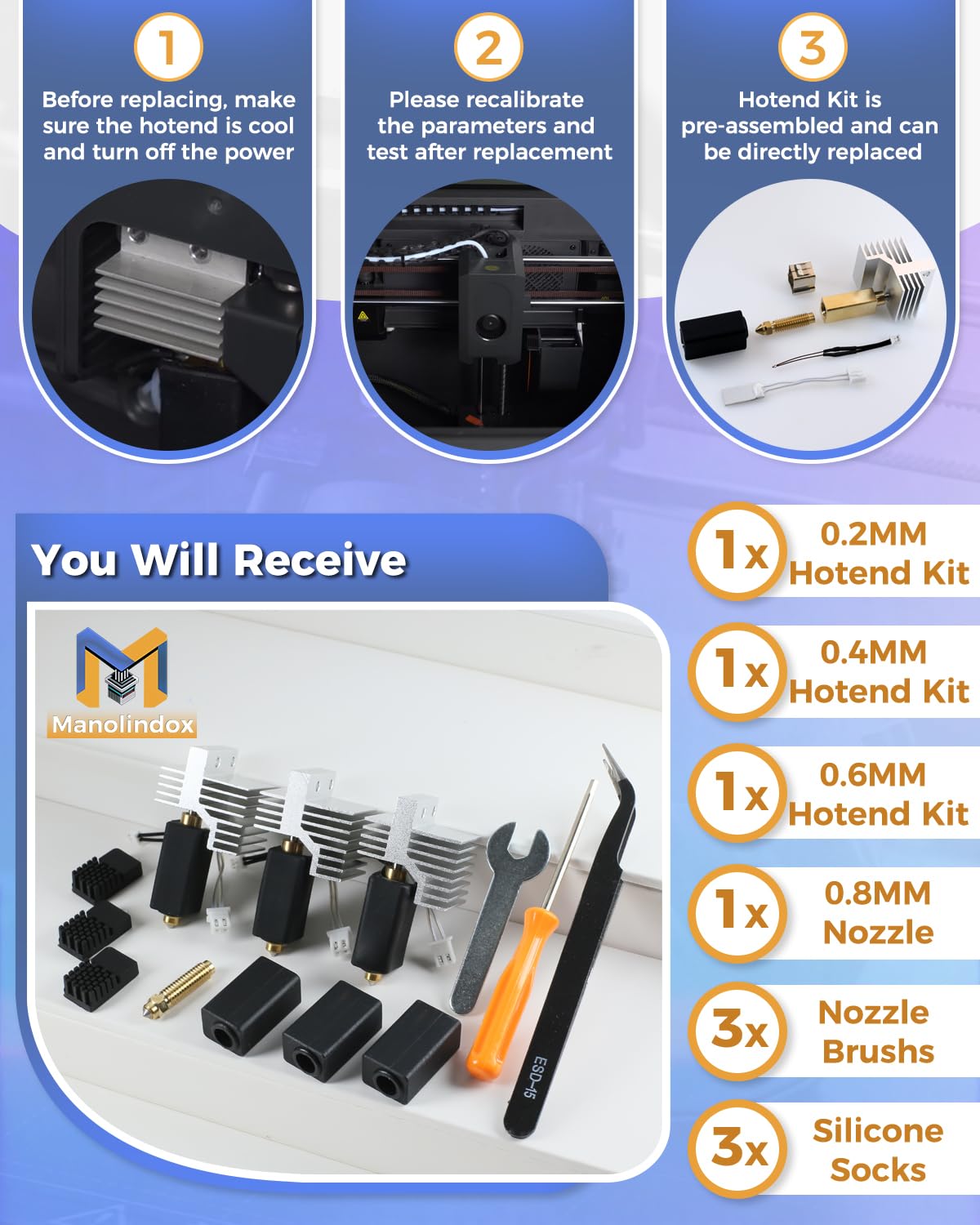 3Pack 0.2+0.4+0.6MM Ceramic Hotend for Elegoo Centauri Carbon, with 0.8MM Bimetallic Hardened Steel Nozzle Brush Silicone Socks and Kit Tools