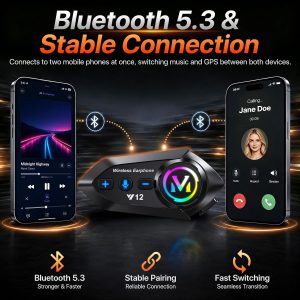 Auriculares Bluetooth para motocicleta, Bluetooth 5.3 con cancelación de ruido con sonido HD, radio FM y 13 horas de tiempo de reproducción, auriculares impermeables IPX6 para la mayoría de