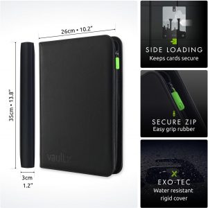 Vault X 9 Pocket Zip Trading Card Binder 360 Cards Exo-Tec (Black) | Holds 360 standard-size TCG cards in 20 side-loading 9-pocket pages. Padded, water-resistant Exo-Tec cover.