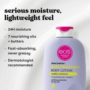 eos Shea Better Loción corporal Vanilla Cashmere, cuidado de la piel con humedad las 24 horas, ligera y no grasosa, karité natural, vegano, loción corporal de vainilla, 16 onzas líquidas