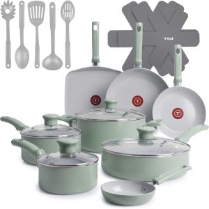T-Fal Refresh - Juego de utensilios de cocina antiadherentes de cerámica, 20 piezas, apto para horno hasta 350 °F, olla de cocina, ollas y sartenes de cerámica, sartenes, plancha, utensilios, verde