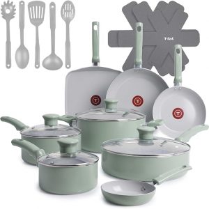 T-Fal Refresh - Juego de utensilios de cocina antiadherentes de cerámica, 20 piezas, apto para horno hasta 350 °F, olla de cocina, ollas y sartenes de cerámica, sartenes, plancha, utensilios, verde
