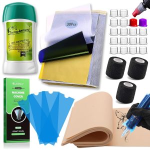 Rayyl Tattoo Practice Skin Transfer Paper Tool Kit - 344Pcs Include Tattoo Fake Skins with Transfer Paper Machine Covers Transfer Gel Ink Cups Grip Tapes Tattoo Kit for Beginners & Artists