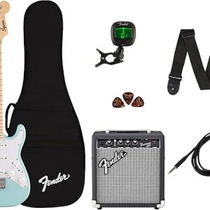 Fender Mini Stratocaster Electric Guitar Kit, Beginner Guitar Kit, with 2-Year Warranty, with Frontman 10G Amp, Padded Gig Bag, Strap, Cable, Tuner, and Picks, Daphne Blue