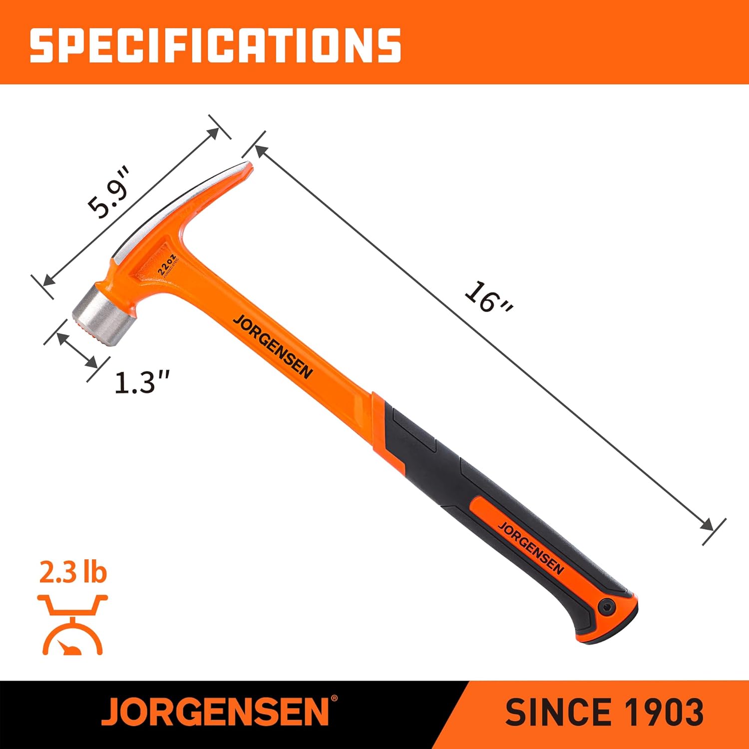 Jorgensen Martillo de 22 onzas, martillo de garra recta con soporte magnético para uñas, martillo de garra con cara fresada, extractor de uñas lateral, agarre absorbente de golpes, martillo forjado de una pieza resistente