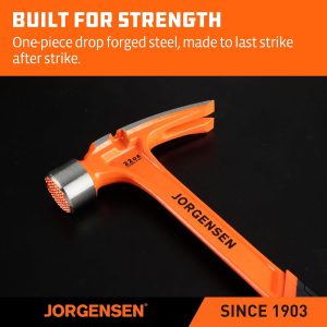 Jorgensen Martillo de 22 onzas, martillo de garra recta con soporte magnético para uñas, martillo de garra con cara fresada, extractor de uñas lateral, agarre absorbente de golpes, martillo forjado de una pieza resistente