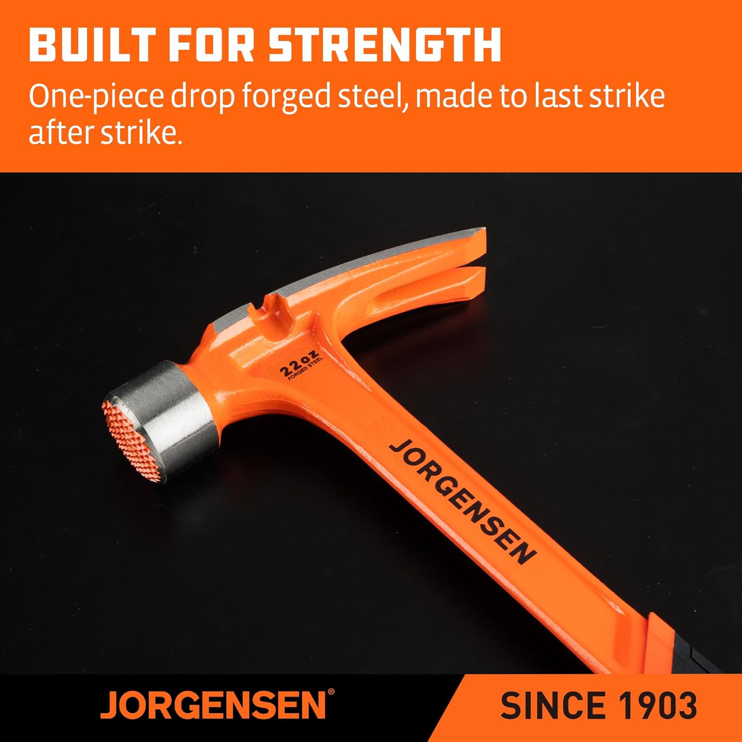 Jorgensen Martillo de 22 onzas, martillo de garra recta con soporte magnético para uñas, martillo de garra con cara fresada, extractor de uñas lateral, agarre absorbente de golpes, martillo forjado de una pieza resistente