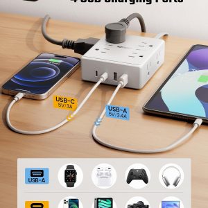 10Ft Extension Cord with Multiple Outlets, Flat Plug Surge Protector Power Strip 10 Ft Long Cord, 8 Outlets & 4 USB Ports (2 USB C), Desk Charging Station for Home Office, College Dorm Room Essentials