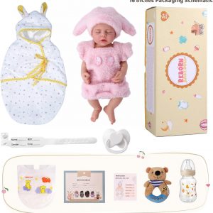 BABESIDE Lucy 16 Inch Silicone Baby Doll, Weight 4.9 Lb Reborn Baby Dolls Silicone Full Body, Realistic Sleeping Newborn Lifelike Baby Doll in Pink Bunny Outfit, Gift for Girls Ages 3+