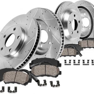 Callahan Brake Parts Front and Rear Brake Kit For BMW X5 2007-10 - Drilled & Slotted Disc Rotors with Ceramic Brake Pads + Sensors, EBYK034998