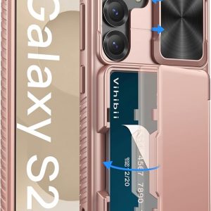 Vihibii for Samsung Galaxy S25 Case with Card Holder (4 Cards), [RFID Blocking] & Slide Camera Cover, Military Grade Drop Protection, Rugged Wallet Case for Samsung Galaxy S25 6.2" 5g 2025, Rose Gold