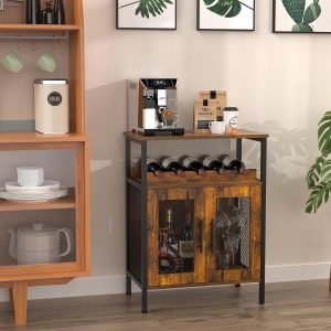 X-cosrack Armario para bar de vinos con estante desmontable para vinos, barra de café con soporte para vidrio, aparador pequeño y gabinete de buffet con puerta de malla, marrón rústico (patente