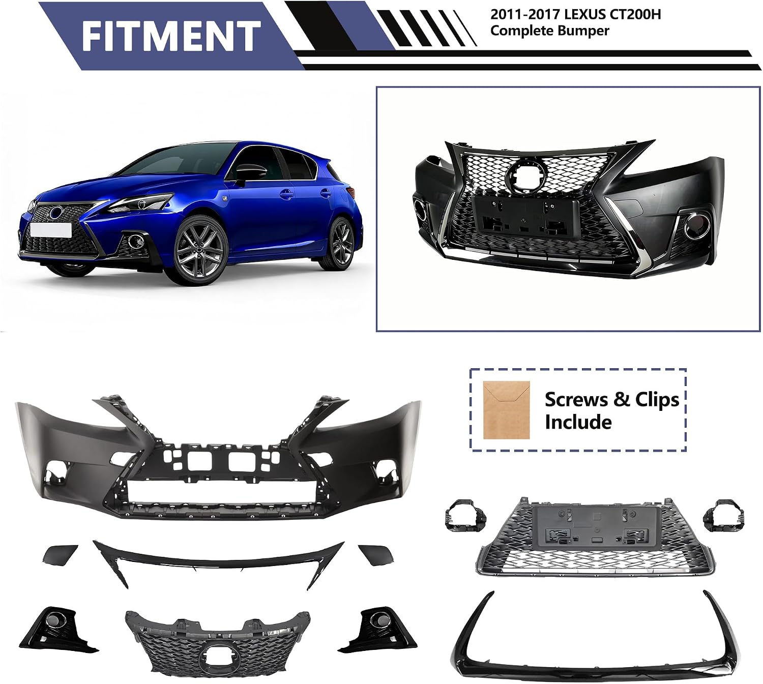 Complete Bumper Kit Compatible with 2011-2017 CT200H To 2020+ F-Sport Style Front