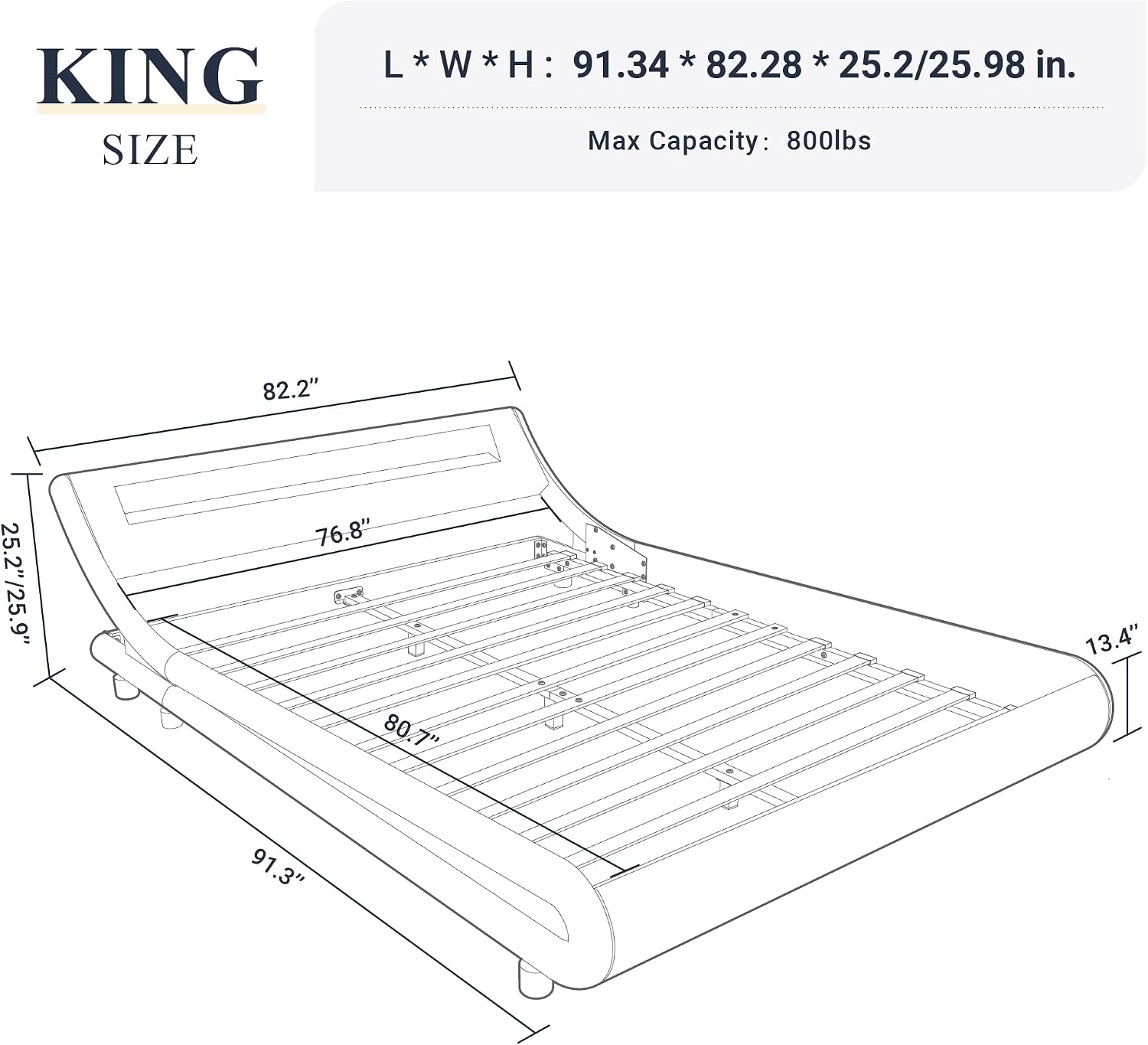 Allewie King Size LED Platform Bed Frame with Adjustable Headboard, Black | Low Profile Sleigh Design, Upholstered Faux Leather, Strong Wood Slats Support, Modern, No Box Spring Needed, Easy Assembly