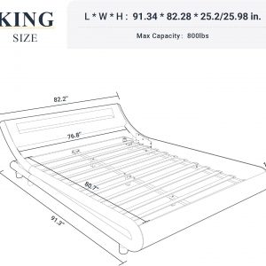 Allewie King Size LED Platform Bed Frame with Adjustable Headboard, Grey | Low Profile Sleigh Design, Upholstered Faux Leather, Strong Wood Slats Support, Modern, No Box Spring Needed, Easy Assembly