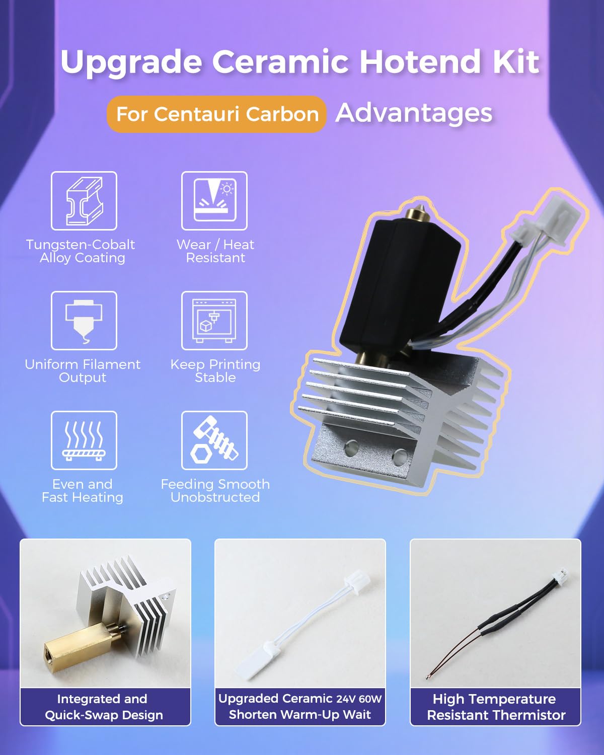 3Pack 0.2+0.4+0.6MM Ceramic Hotend for Elegoo Centauri Carbon, with 0.8MM Bimetallic Hardened Steel Nozzle Brush Silicone Socks and Kit Tools